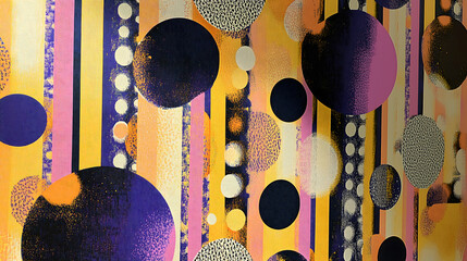classic vintage style painting featuring multicolored circular forms various sizes polka dots in shades purple yellow and black.