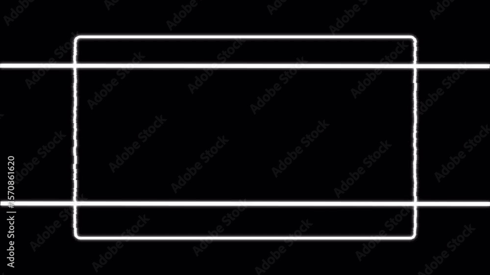 Aufkleber neon frame animation: glowing rectangle with horizontal lines on black background