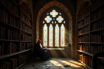 A medieval scholar sits reading beneath the stained glass of a stone castle library.
