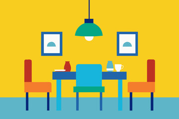 Modern minimalist dining room scene with colorful furniture and abstract art