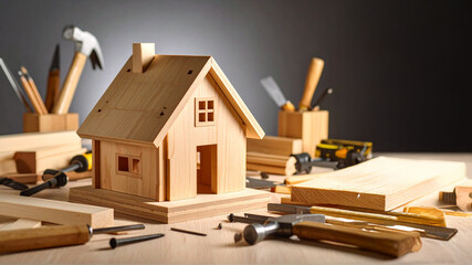 A charming small wooden model house sits on a workbench, surrounded by various carpentry and construction tools such as hammers, measuring tapes, and wood planks. This scene is ideal for concepts rela