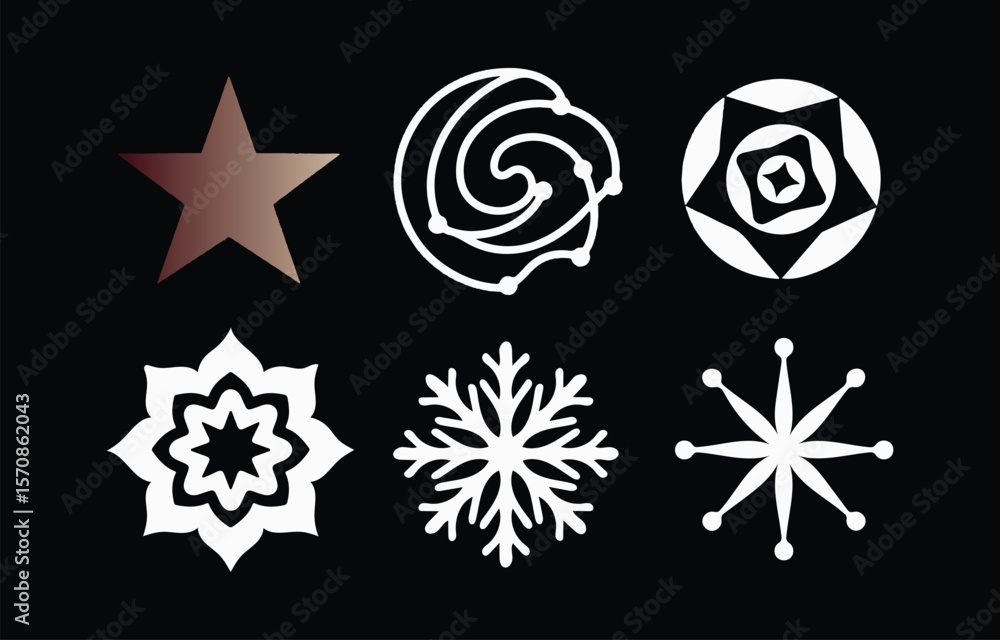 Poster collection of six diverse graphic icons including a gradient star a spiral a geometric pattern and t