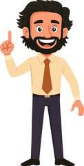Smiling Bearded Man Pointing Up Vector Cartoon Character in Office Attire