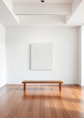 A minimalist gallery interior showcasing a blank white canvas on the wall above a simple wooden bench on polished wooden floors Empty room interior design architecture blank design room