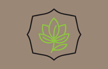 Abstract green leaf design with a black outline inside a geometric frame on a muted brown background