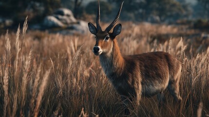 small antelope with reddish coat standing still in dry grassy natural habitat