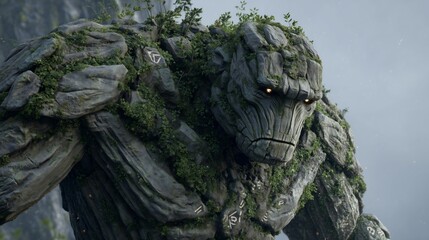 ancient stone elemental with glowing runes standing in misty plateau landscape