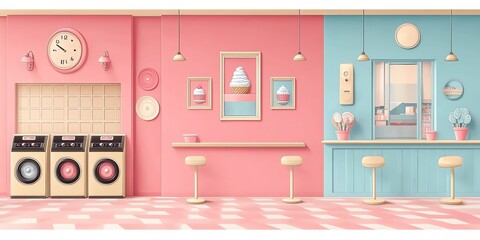 Colorful Modern Laundry Room with Pink and Blue Walls and Washers and Dryers