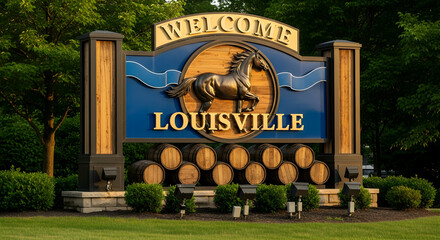 Welcoming Sign Depicting Louisville Kentucky And Barrel Stack In Grassy Setting