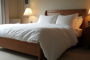 Curved-edge wooden bed frame in walnut, topped with crisp white bedding, styled in a clean room with soft lighting 