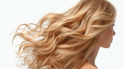 Naklejka premium luxury wavy blond hair flying in air on white background commercial style