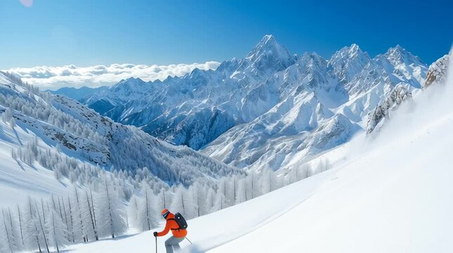 Skier descending snowy mountain slope with epic alpine peaks in background, aerial winter landscape
