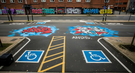 Urban Street Scene With Graffiti And Disabled Parking In A City Setting