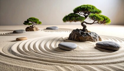  Minimalist Japanese Zen Garden with Sand, Stones, and Bonsai 