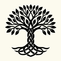 Abstract tree vector design illustration featuring a Celtic cross silhouette, ideal for tattoo or decoration art with natural leaf and branch patterns