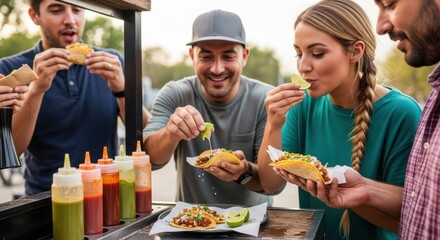 Group of diverse young adults enjoying tacos at outdoor food stand