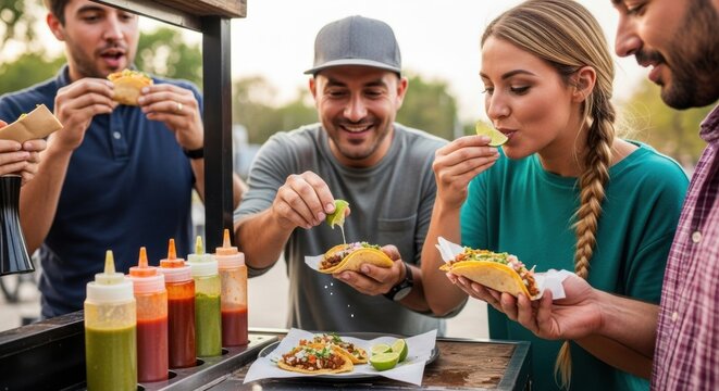 Group of diverse young adults enjoying tacos at outdoor food stand