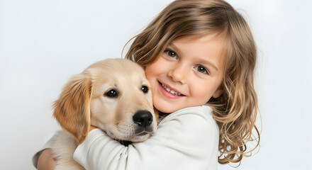 Adorable little girl happily hugging a golden retriever puppy, showcasing childhood joy, pet ownership, and the special bond between children and animals.

