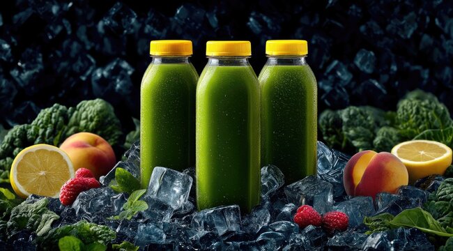 Three green juice bottles nestled in ice, surrounded by fresh peaches, lemons, raspberries, and leafy greens against a dark background