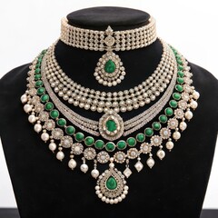 Elegant pearl and emerald layered necklace mockup on display