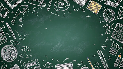 Chalk-Drawn School Supplies Bordering a Green Chalkboard, Education Concept.