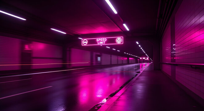 Urban Tunnel With Neon Lights And Speed Limit Sign At Night
