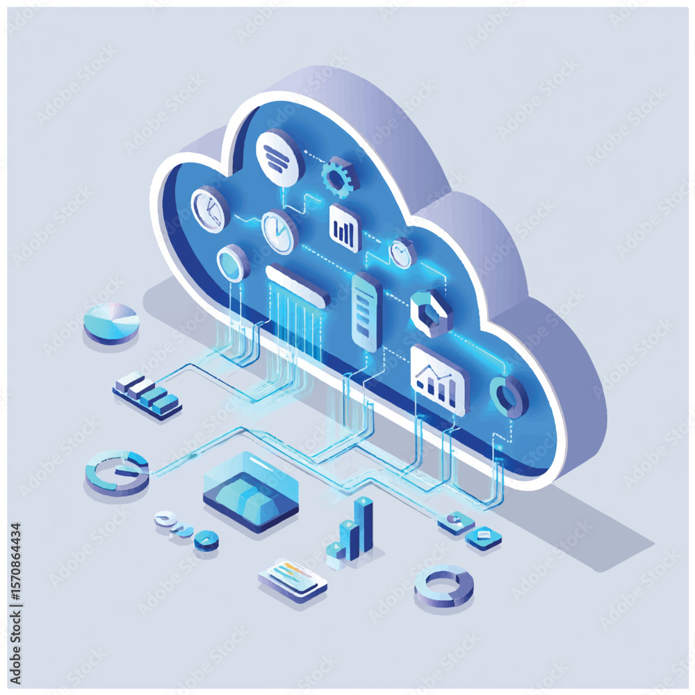 Poster isometric cloud computing concept illustrating data storage and business information visualization