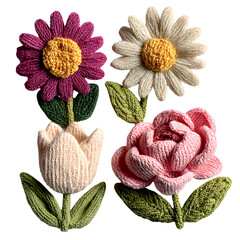 Set of small crochet flower appliques for spring - daisy, tulip, rose - light yarn tones, isolated transparent background with soft wool texture