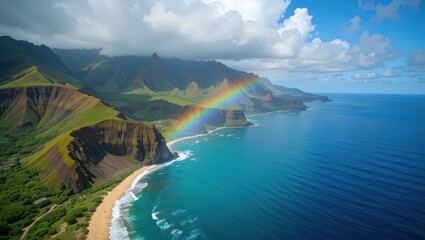 Fototapeta premium Spectacular Coastal Landscape with Rainbow and Mountains