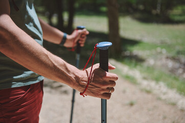 Young Man Hiking on a Trail Holding Trekking Poles in Summer