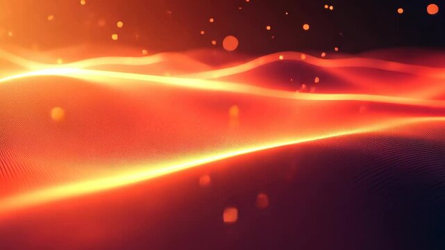 Abstract waves of orange and red light create a mesmerizing background with soft glowing particles