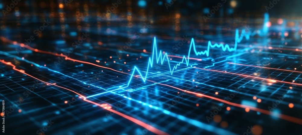 Poster glowing digital heartbeat visualization with line chart showcasing real-time data trends