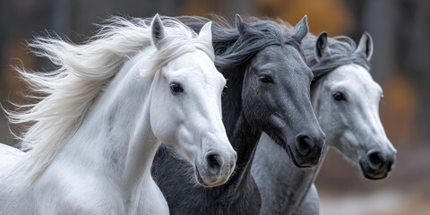 three horses, one white and two dark gray with long manes, galloping side by side in the wind.