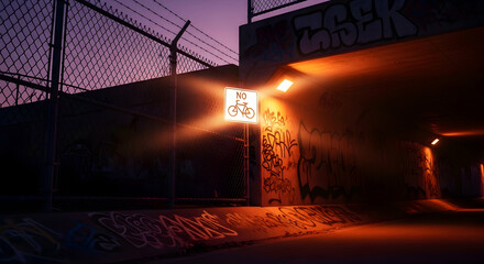 Urban Underpass With No Bicycles Sign And Graffiti During Dusk Glow