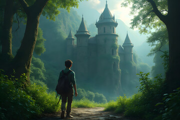 A lone wanderer enters a forgotten jungle-covered castle.
