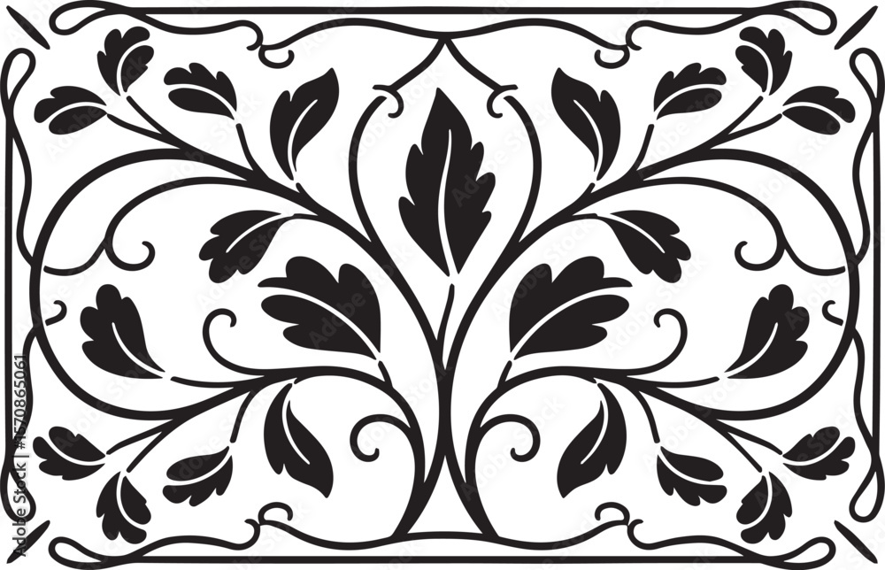 Poster elegant black and white floral scrollwork design with symmetrical leaves and swirling vines within a