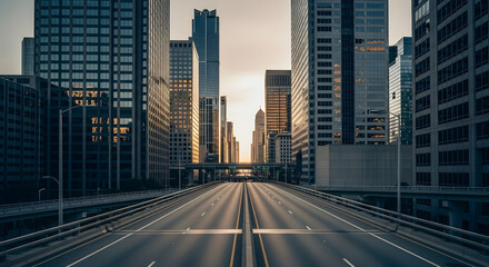 Urban Vista Empty Highway Leading To The Skyline Under Golden Sunlight Glow