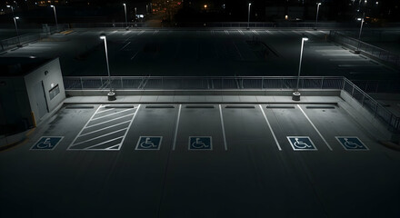 Urban Void Empty Parking Lot At Night Showing Accessibility Spots Illuminated