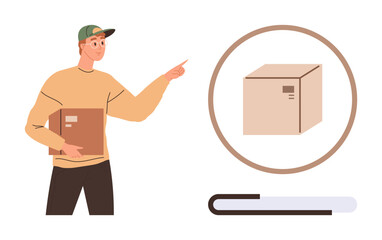 Man holding package and pointing to a tracking status bar with a focus on package delivery. Ideal for logistics, shipping, e-commerce, supply chain, tracking, delivery services, warehouse systems. A