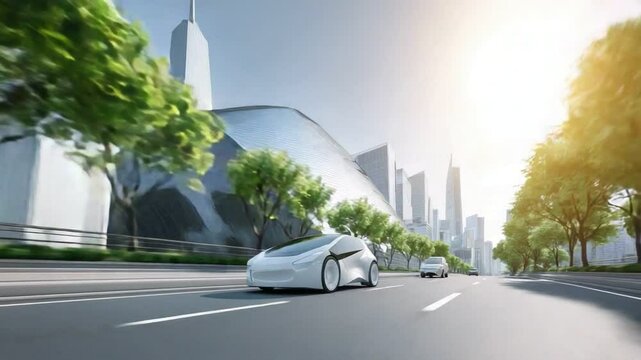 Autonomous Future: A sleek self-driving vehicle glides effortlessly along a modern city boulevard, its advanced technology seamlessly integrated into an urban landscape. The future of transportation.