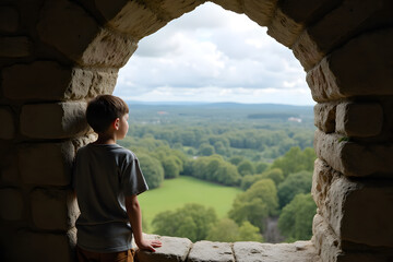 A child peers through castle arrow slits at the vast landscape below.
