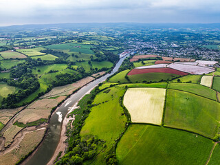 Farms and Fields over River Dart from a drone, Stoke Gabriel, Totnes, Devon, England
