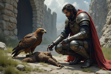 A knight tends to a wounded hawk beside a fortress gate.
