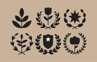Collection of six black silhouette emblems featuring botanical elements and geometric shapes on a beige background