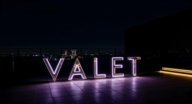Valet Neon Sign Glowing Brightly On Rooftop Terrace At Night Modern Design