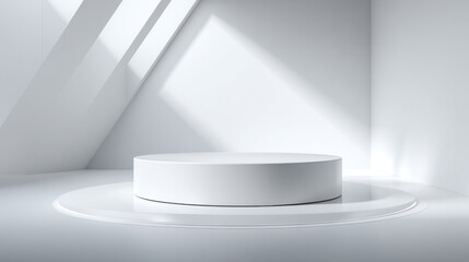 Fototapeta premium a minimalistic circular podium in a clean white studio, professional spotlight softly illuminating Isolated on pure white background. 3d illustration.