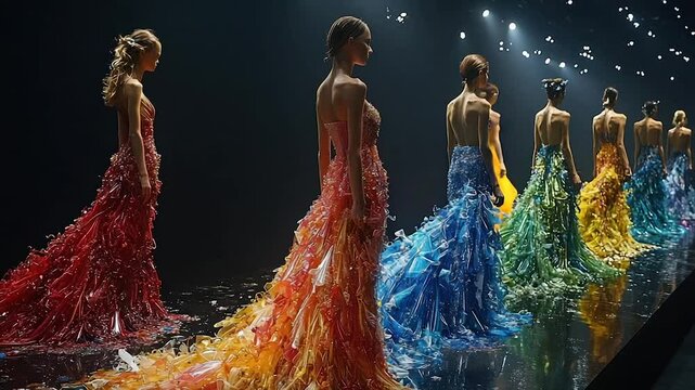 Models showcase vibrant gowns crafted from recycled plastic, creating a stunning visual display of sustainable fashion
