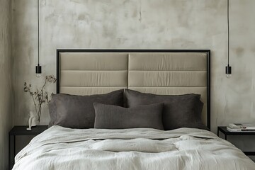 High-back cushioned headboard in taupe suede, modern frame in dark metal, styled against a minimal plaster wall 