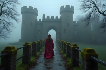 A noblewoman walks across a mossy drawbridge into a foggy castle.

