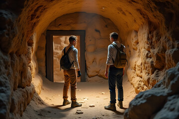 Two archaeologists examine carvings in a cave castle’s hidden chamber.

